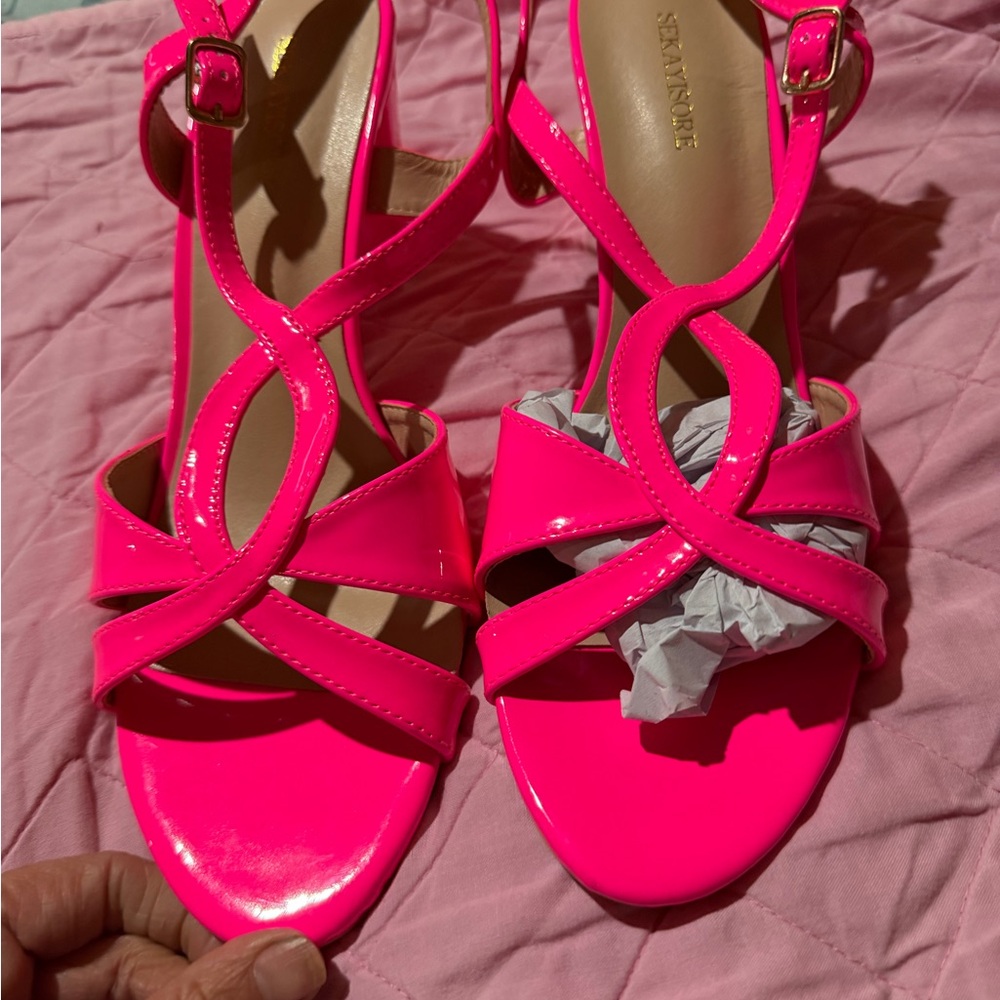 Sekayisore Neon Pink Patent Leather Strappy Block Heel Sandals Size 42